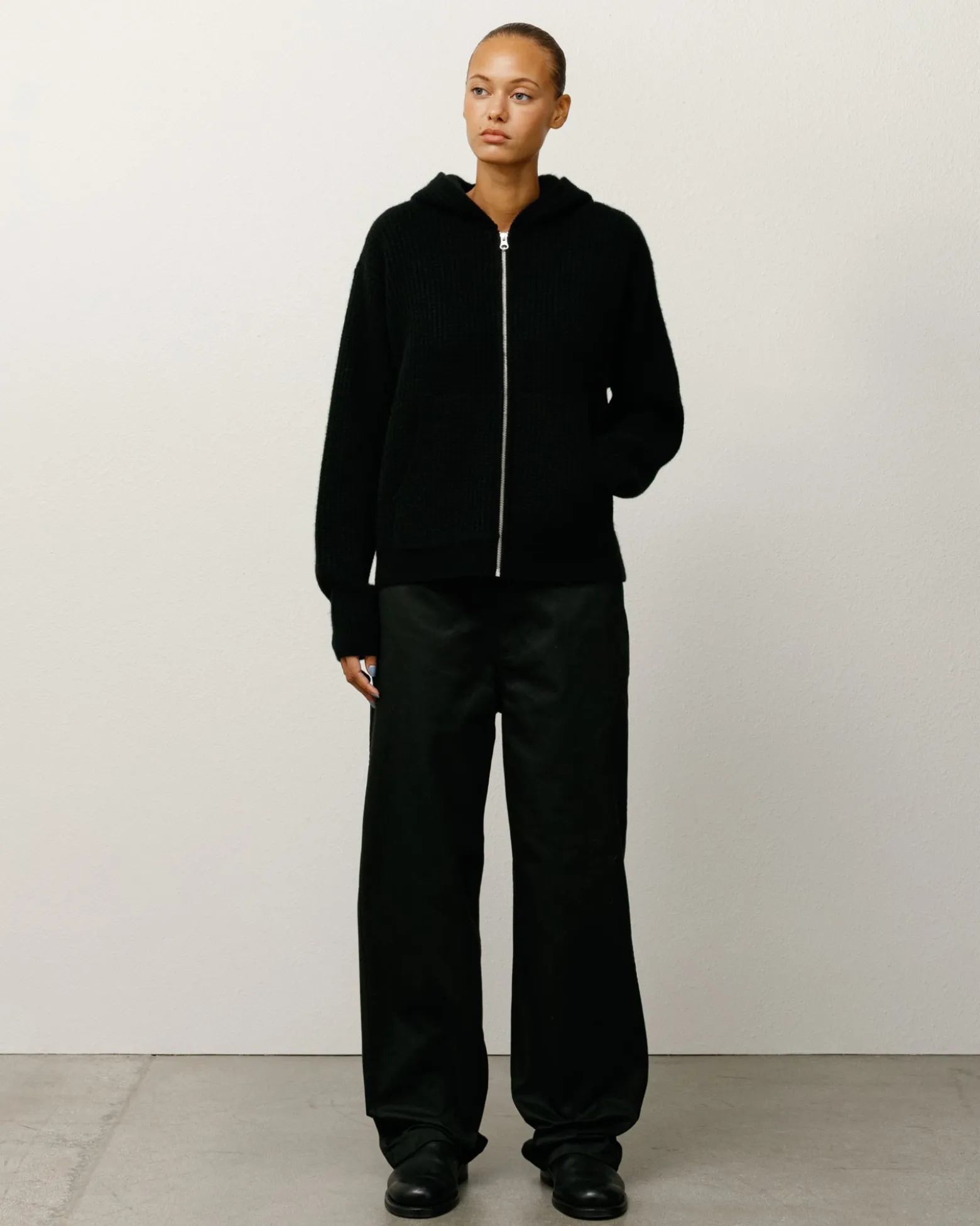 WAFFLE CASHMERE ZIP HOOD SWEATER